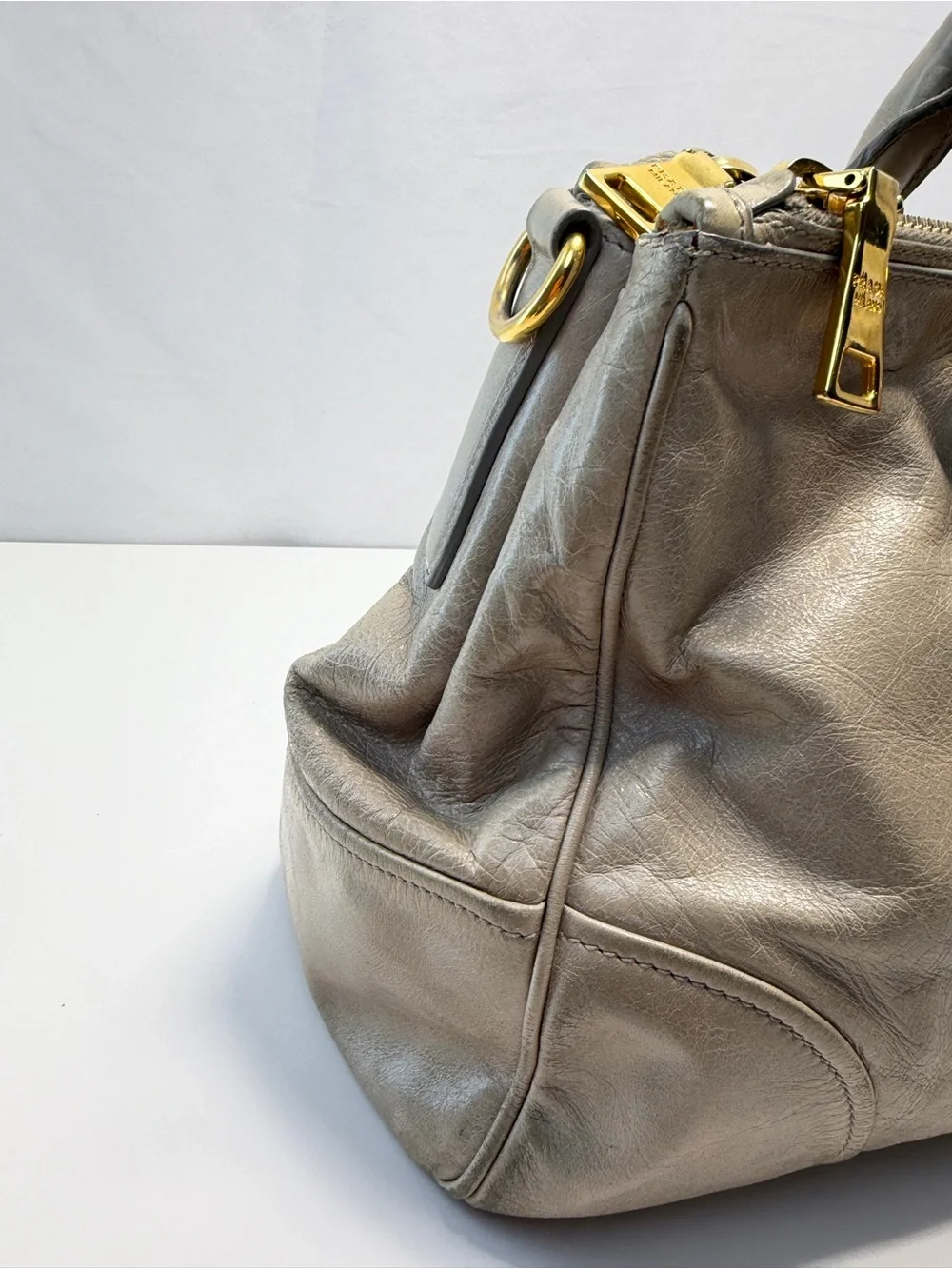 Prada Metallic Taupe Leather Satchel with Gold Hardware